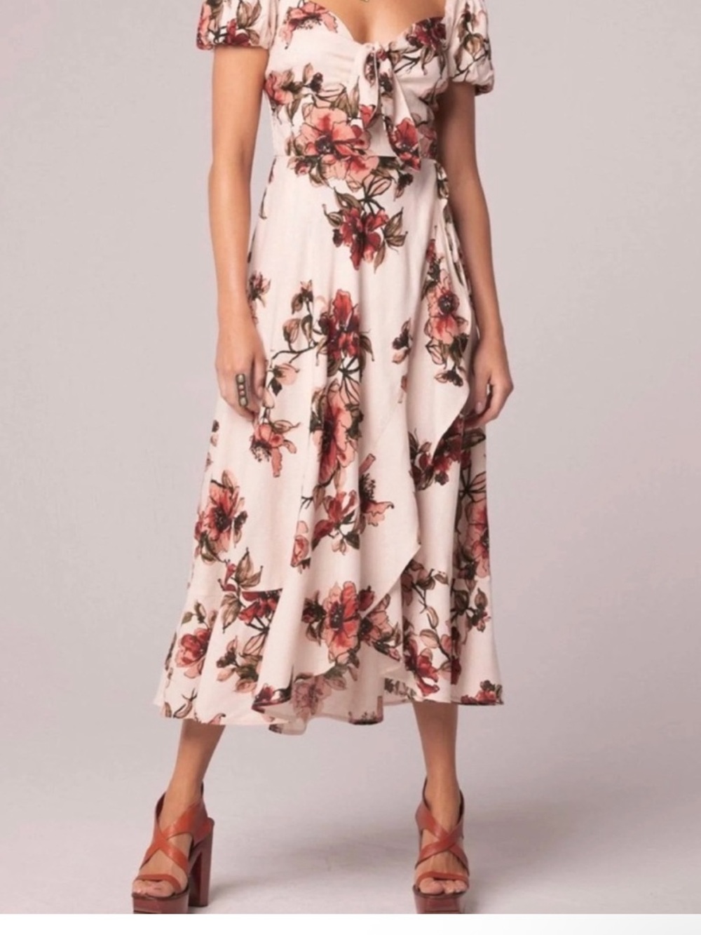 B O G Floral Tie-Front Midi Dress in Blush with Red Floral Print